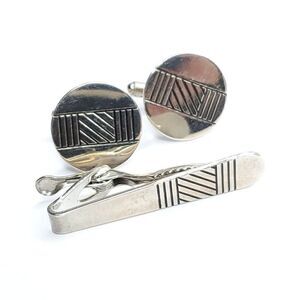 Silvertone Round Circle Cufflinks Tie Clip Geometric Black Stripes Art Deco